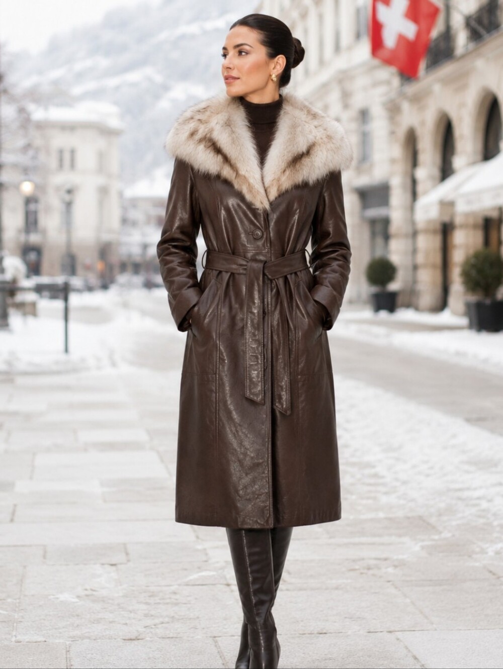 Vtg 70s Dan Di Modes Dark Brown Leather Belted Trench Coat Luxe Fox Fur Collar S